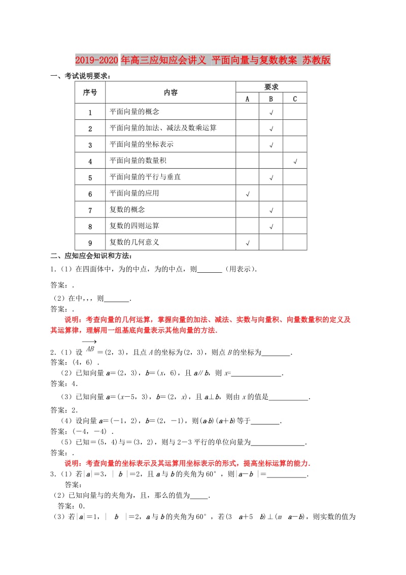2019-2020年高三应知应会讲义 平面向量与复数教案 苏教版.doc_第1页