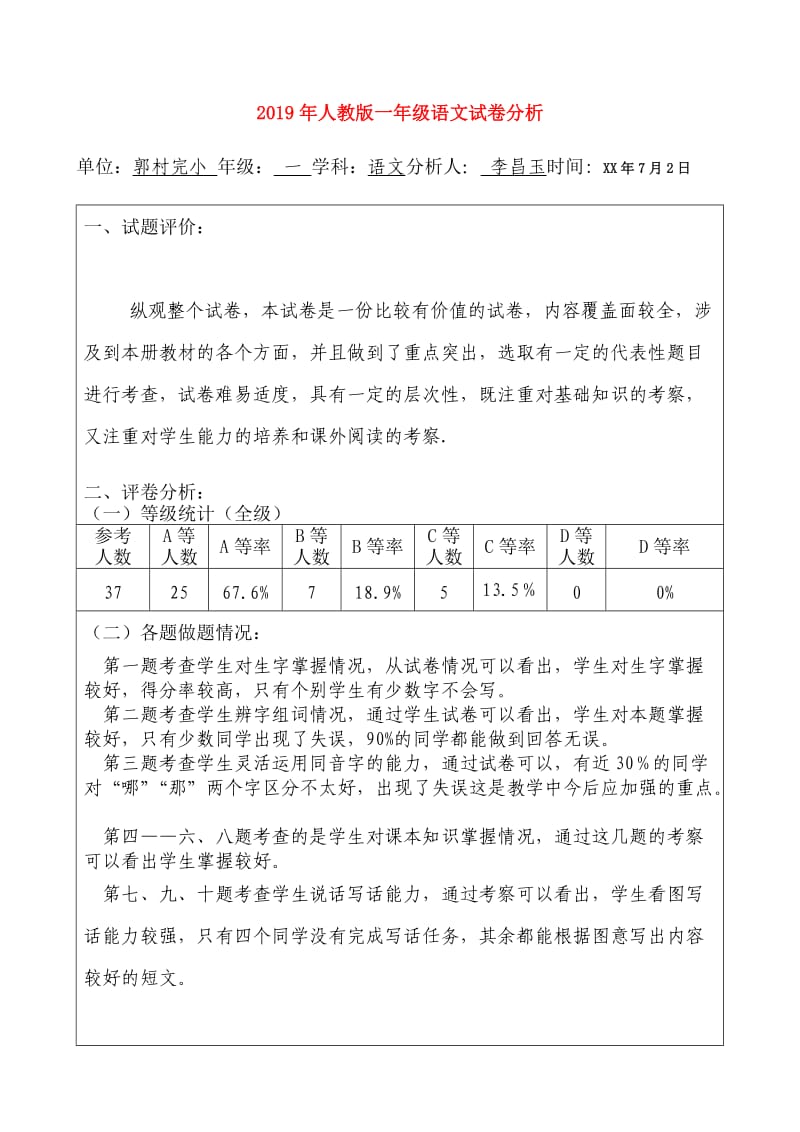 2019年人教版一年级语文试卷分析.doc_第1页