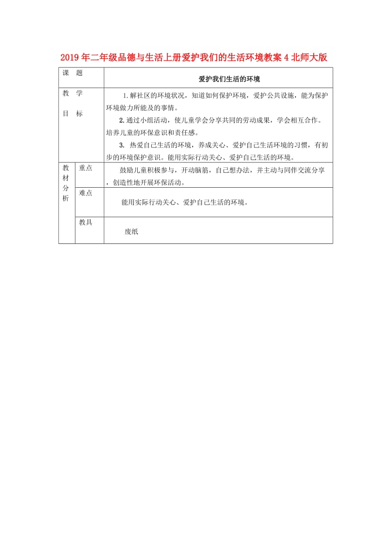 2019年二年级品德与生活上册爱护我们的生活环境教案4北师大版 .doc_第1页