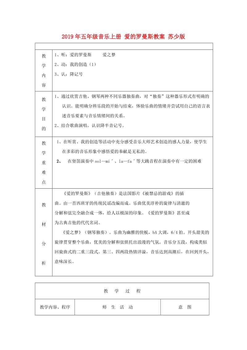 2019年五年级音乐上册 爱的罗曼斯教案 苏少版.doc_第1页