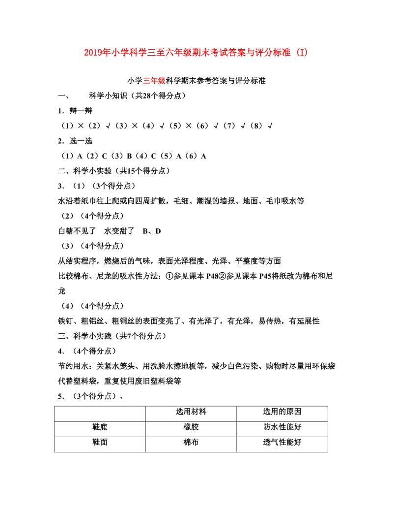 2019年小学科学三至六年级期末考试答案与评分标准 (I).doc_第1页