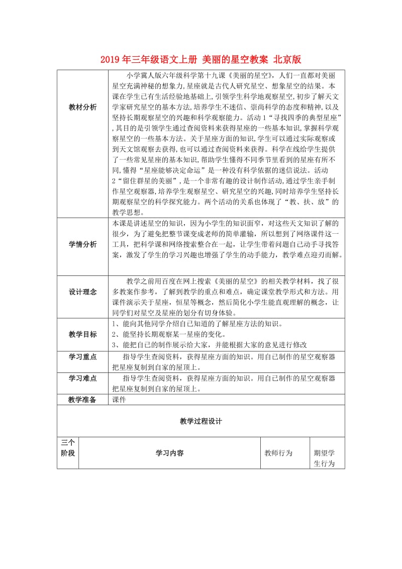 2019年三年级语文上册 美丽的星空教案 北京版.doc_第1页