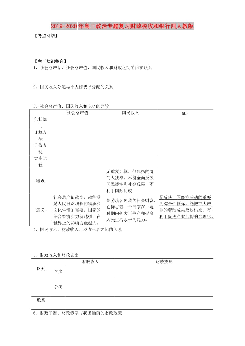 2019-2020年高三政治专题复习财政税收和银行四人教版.doc_第1页