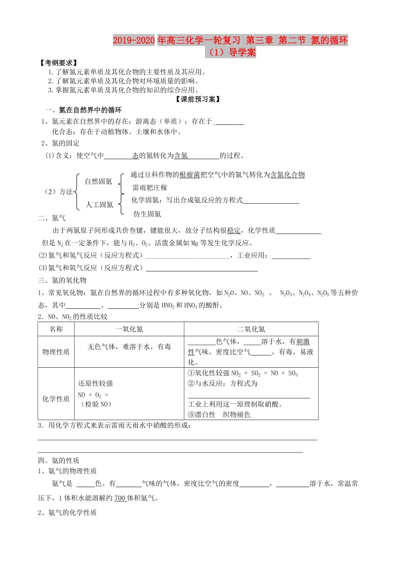 2019-2020年高三化学一轮复习 第三章 第二节 氮的循环（1）导学案.doc_第1页