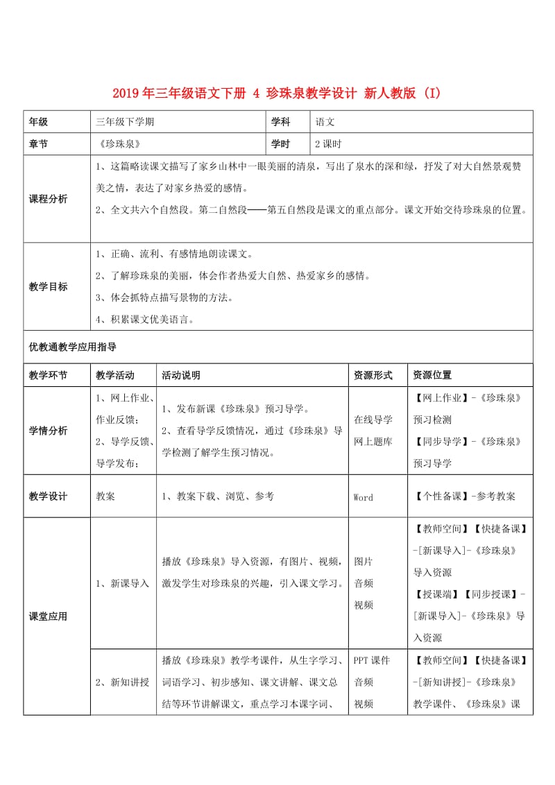 2019年三年级语文下册 4 珍珠泉教学设计 新人教版 (I).doc_第1页