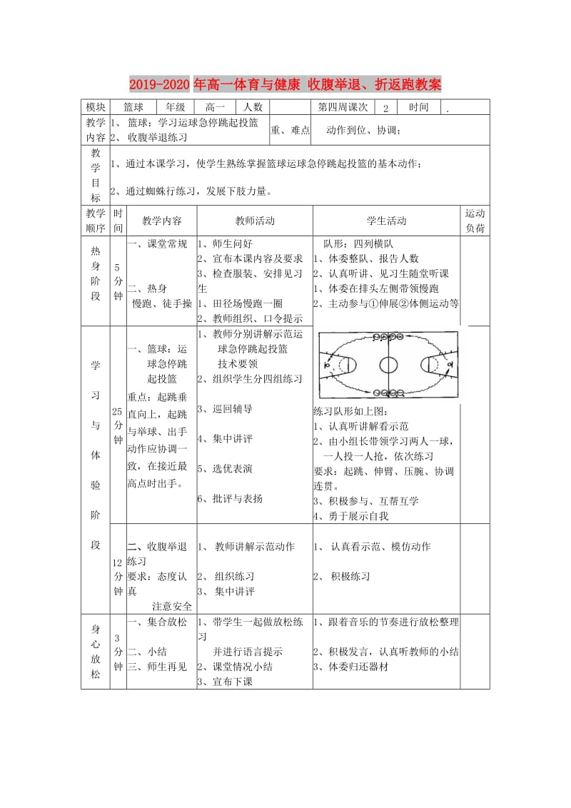 2019-2020年高一体育与健康 收腹举退、折返跑教案.doc_第1页