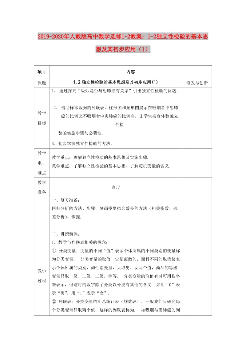 2019-2020年人教版高中数学选修1-2教案：1-2独立性检验的基本思想及其初步应用（1）.doc_第1页