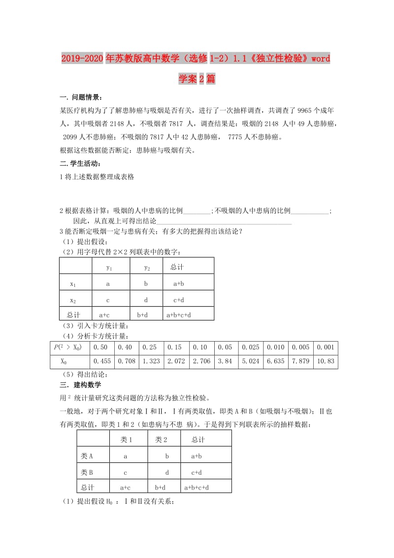 2019-2020年苏教版高中数学（选修1-2）1.1《独立性检验》word学案2篇.doc_第1页