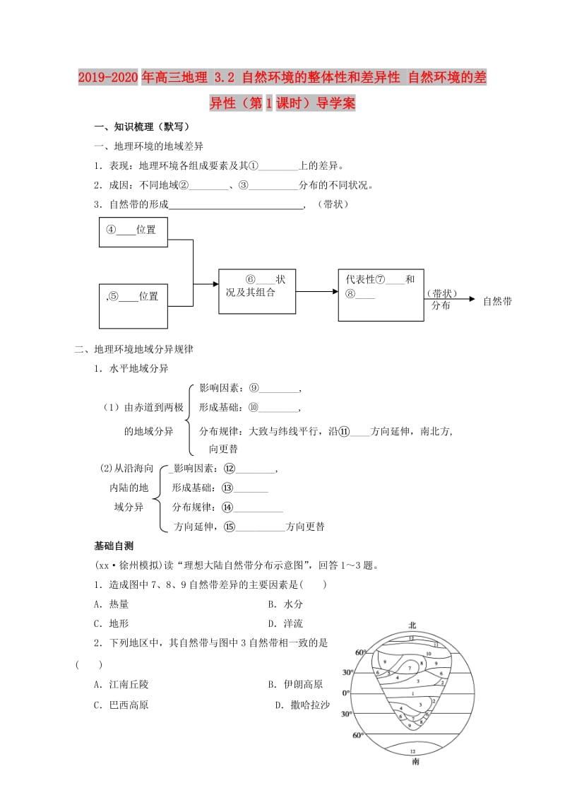 2019-2020年高三地理 3.2 自然环境的整体性和差异性 自然环境的差异性（第1课时）导学案.doc_第1页