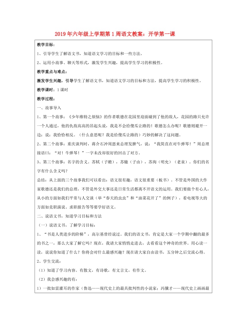 2019年六年级上学期第1周语文教案：开学第一课.doc_第1页