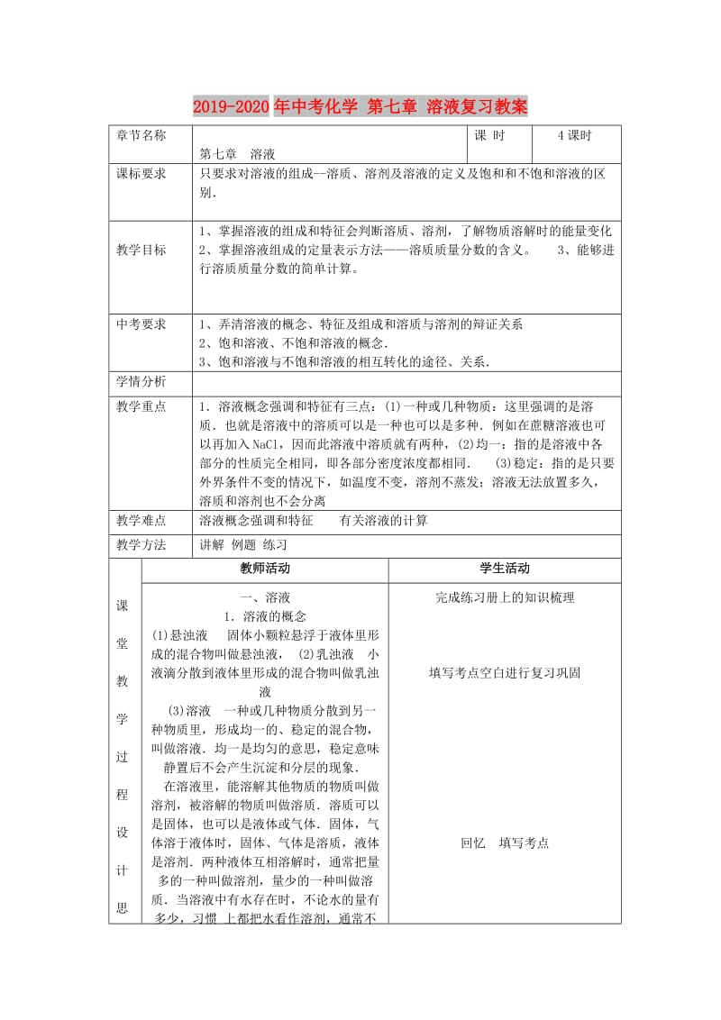 2019-2020年中考化学 第七章 溶液复习教案.doc_第1页