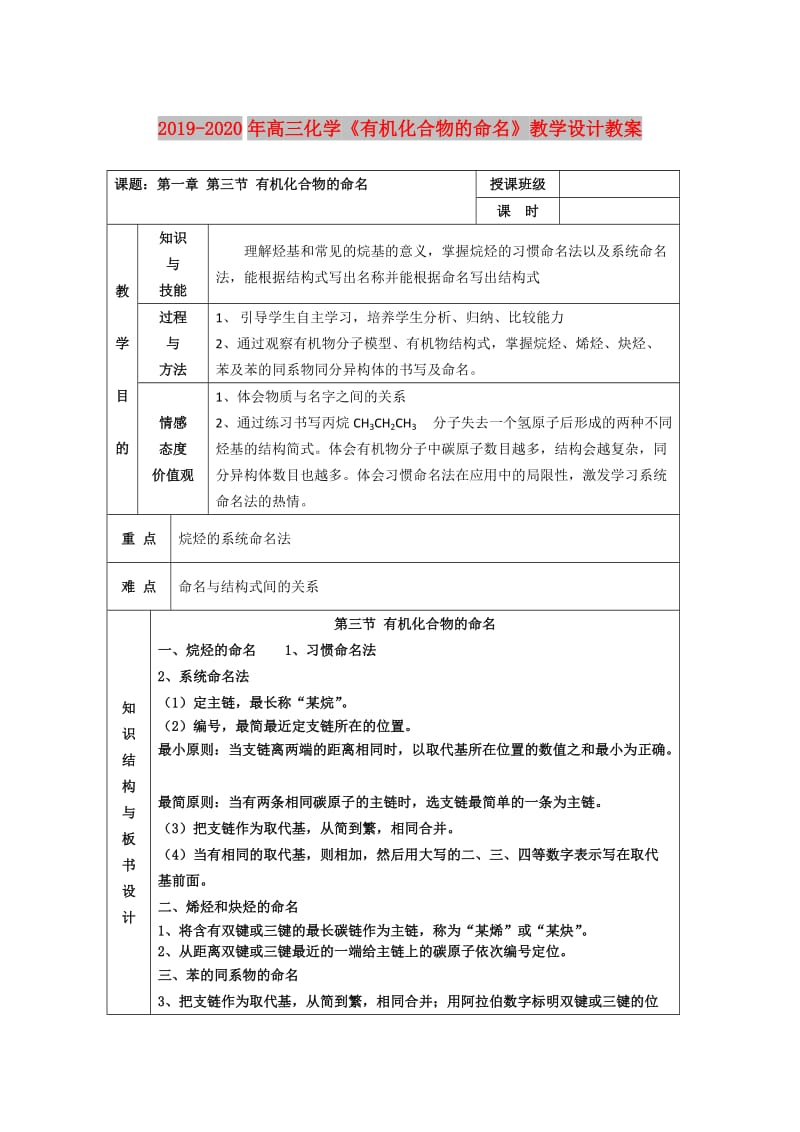 2019-2020年高三化学《有机化合物的命名》教学设计教案.doc_第1页