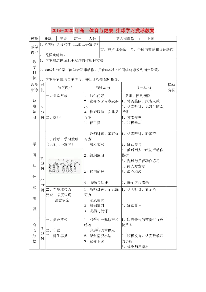 2019-2020年高一体育与健康 排球学习发球教案.doc_第1页