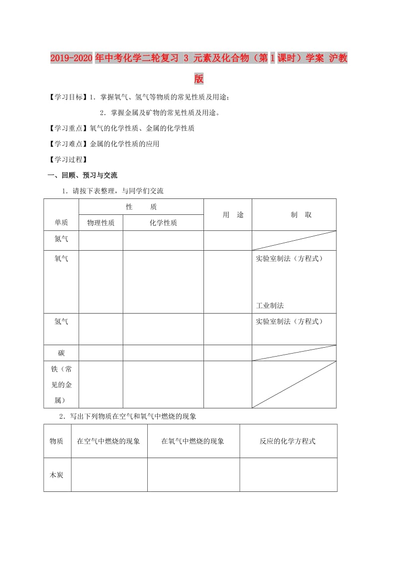 2019-2020年中考化学二轮复习 3 元素及化合物（第1课时）学案 沪教版.doc_第1页