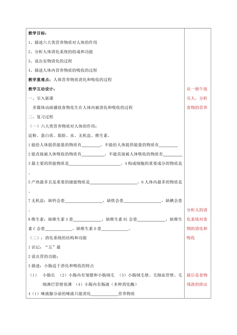 2019-2020年中考生物 人体的消化系统复习教案.doc_第2页