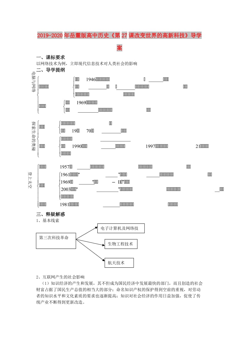 2019-2020年岳麓版高中历史《第27课改变世界的高新科技》导学案.doc_第1页