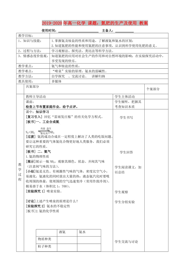 2019-2020年高一化学 课题：氮肥的生产及使用 教案.doc_第1页