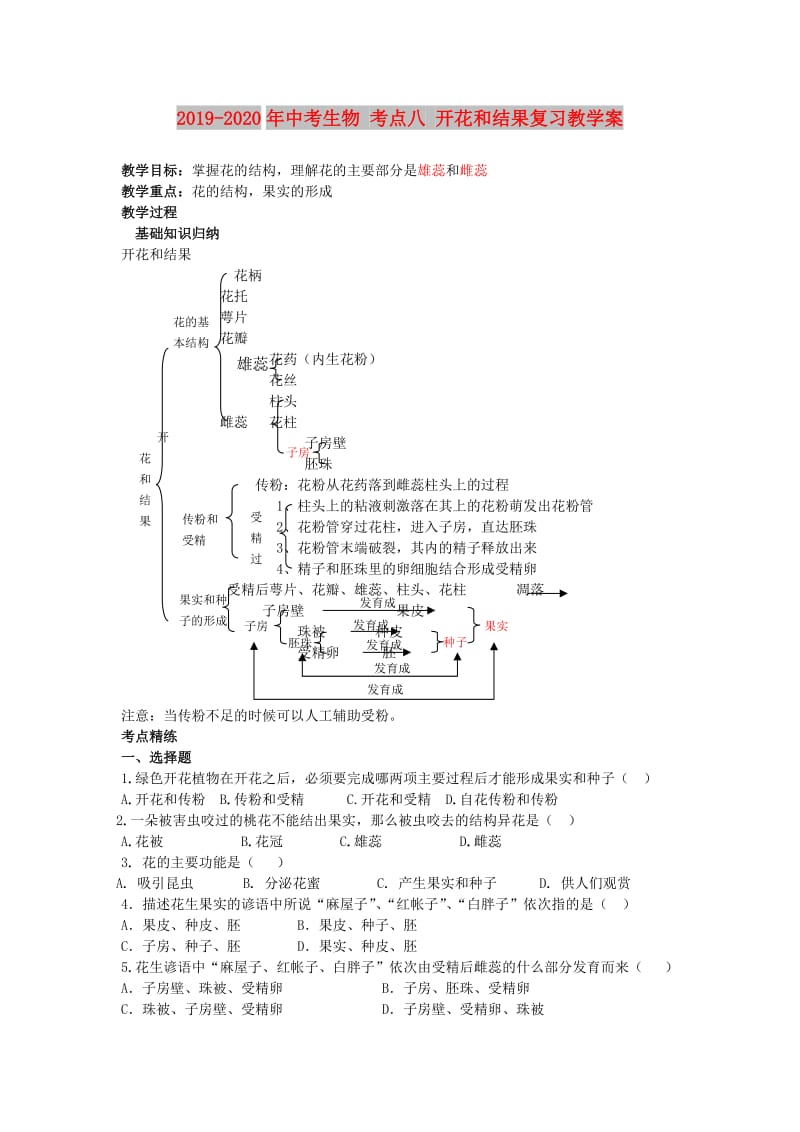 2019-2020年中考生物 考点八 开花和结果复习教学案.doc_第1页