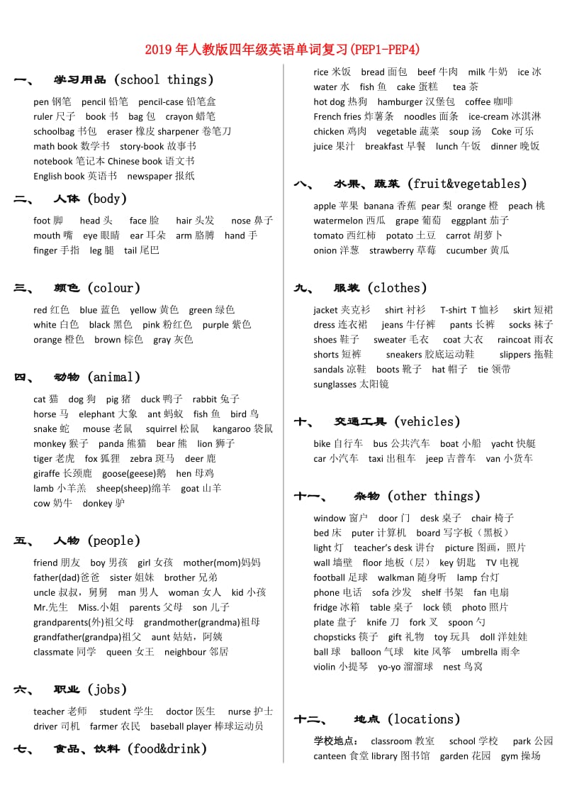 2019年人教版四年级英语单词复习(PEP1-PEP4).doc_第1页