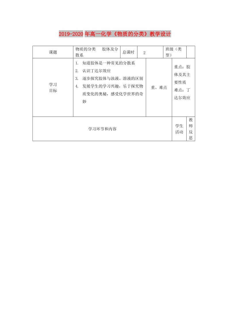 2019-2020年高一化学《物质的分类》教学设计.doc_第1页