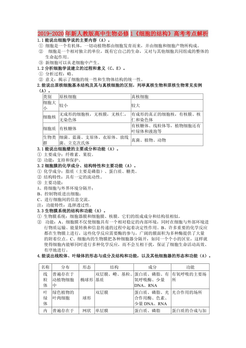 2019-2020年新人教版高中生物必修1《细胞的结构》高考考点解析.doc_第1页