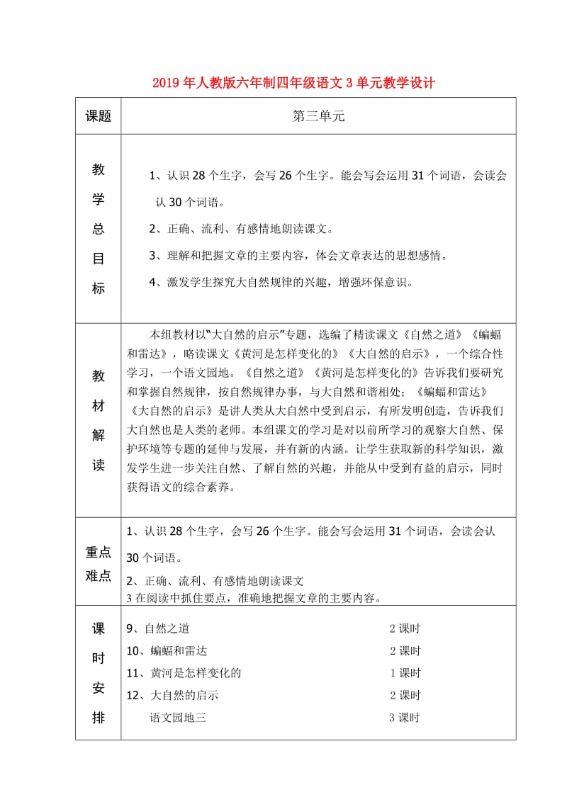 2019年人教版六年制四年级语文3单元教学设计.doc_第1页