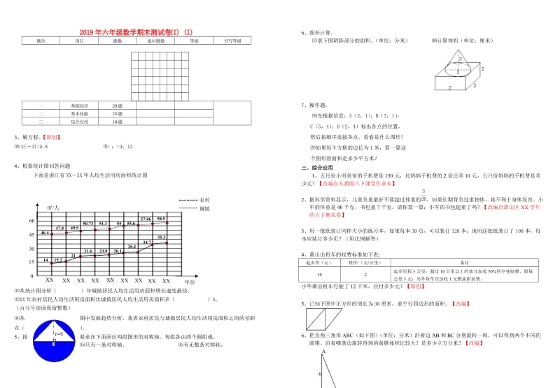 2019年六年级数学期末测试卷(I) (I).doc_第1页