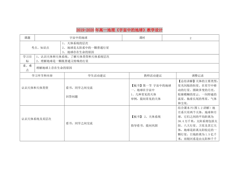 2019-2020年高一地理《宇宙中的地球》教学设计.doc_第1页