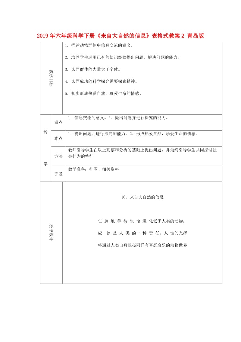 2019年六年级科学下册《来自大自然的信息》表格式教案2 青岛版.doc_第1页