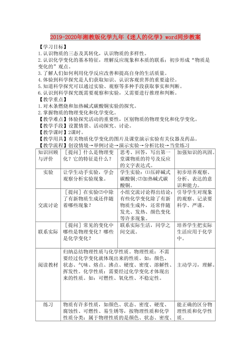 2019-2020年湘教版化学九年《迷人的化学》word同步教案.doc_第1页