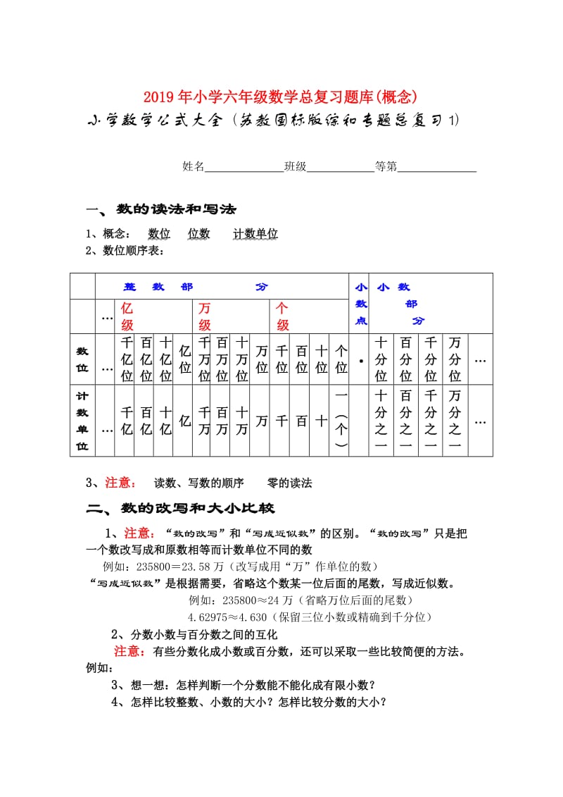 2019年小学六年级数学总复习题库(概念).doc_第1页