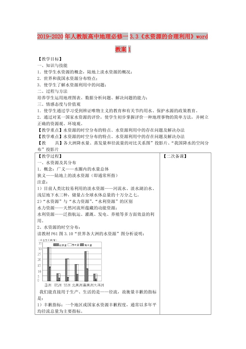 2019-2020年人教版高中地理必修一3.3《水资源的合理利用》word教案1.doc_第1页