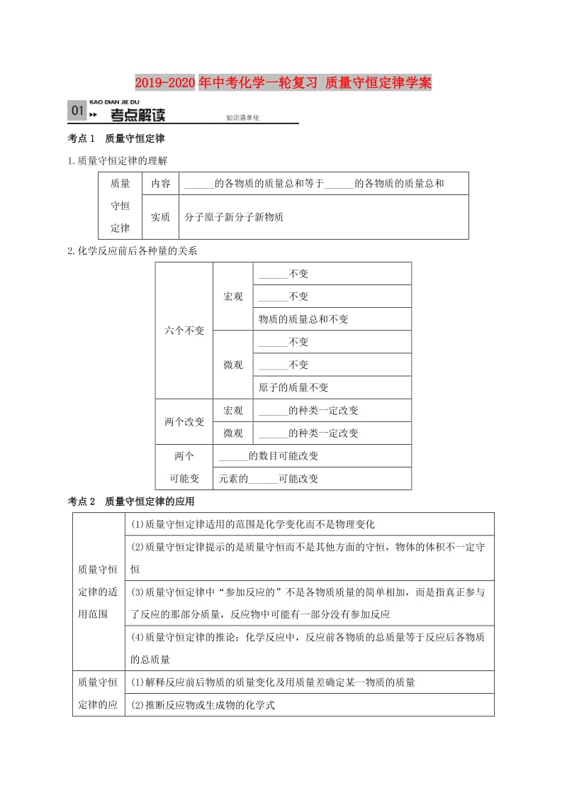 2019-2020年中考化学一轮复习 质量守恒定律学案.doc_第1页