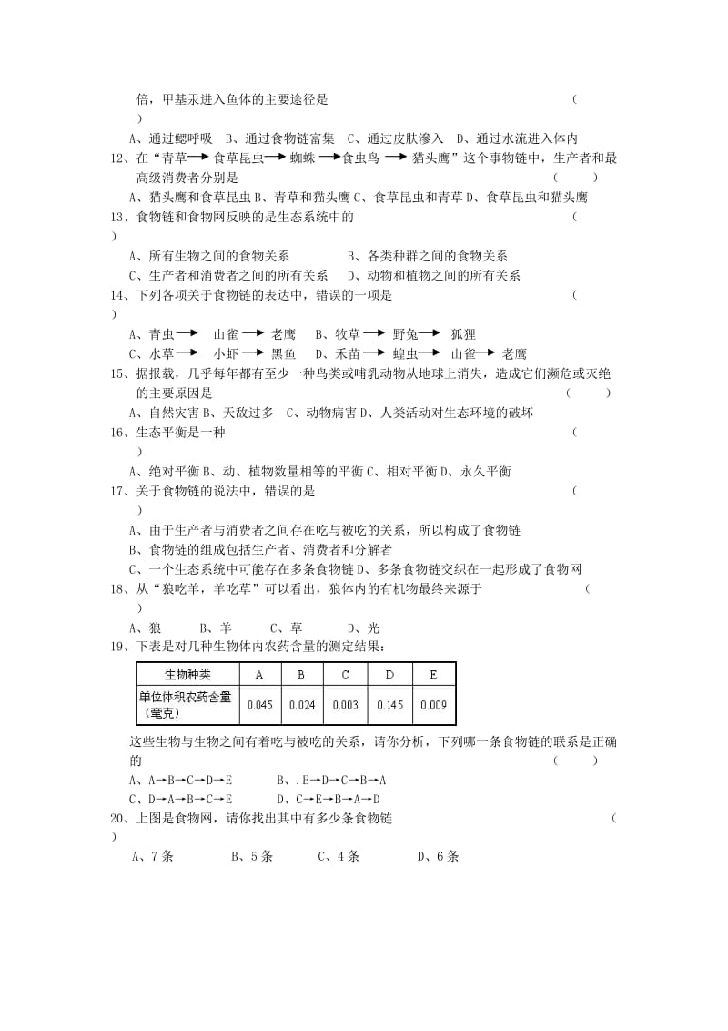 2019-2020年中考生物 七上 第3单元 第6章 食物之间的食物关系复习学案（新版）苏科版(I).doc_第2页