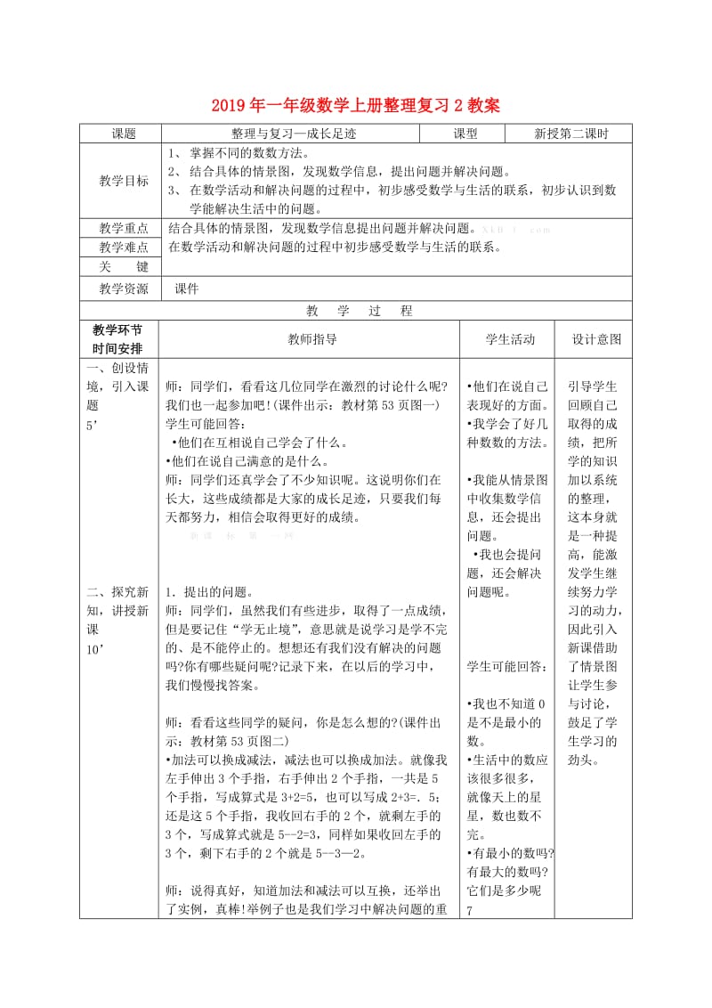 2019年一年级数学上册整理复习2教案.doc_第1页