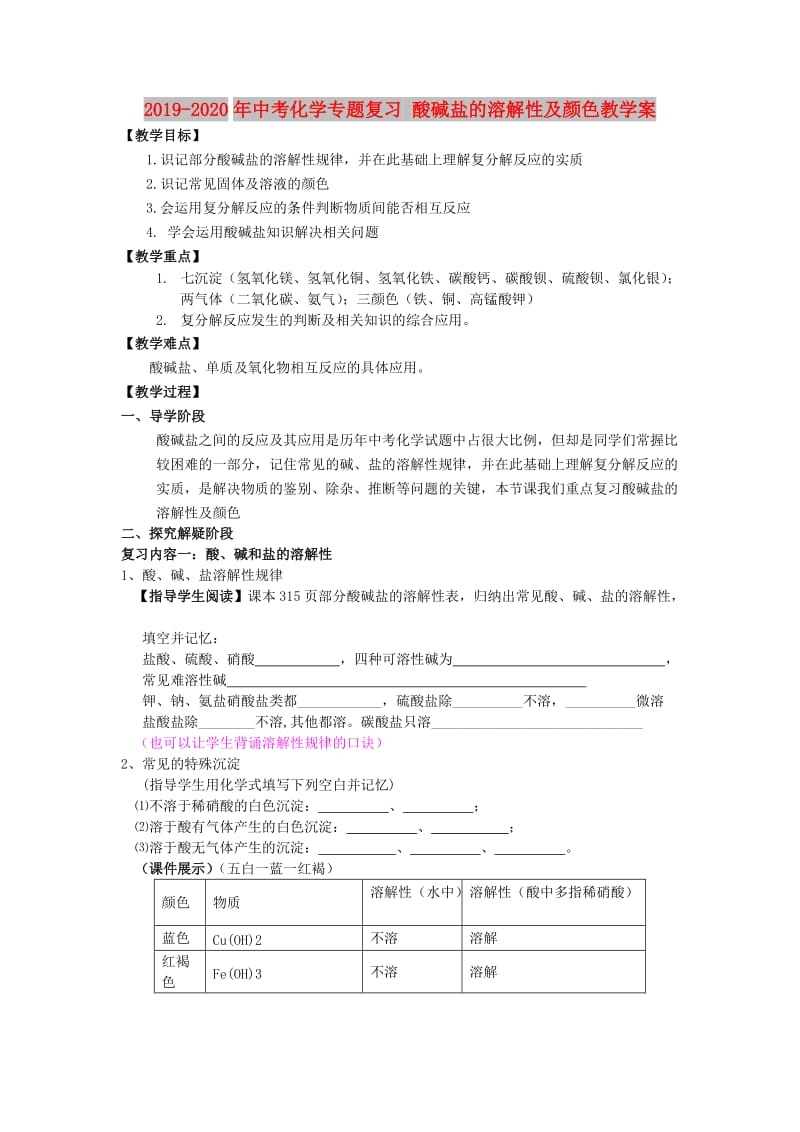 2019-2020年中考化学专题复习 酸碱盐的溶解性及颜色教学案.doc_第1页