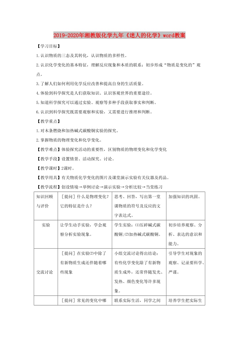 2019-2020年湘教版化学九年《迷人的化学》word教案.doc_第1页