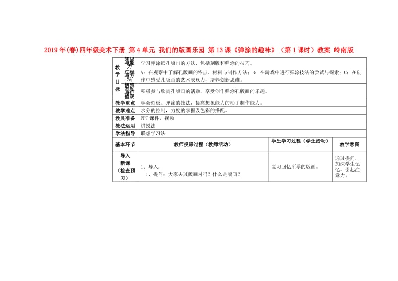 2019年(春)四年级美术下册 第4单元 我们的版画乐园 第13课《弹涂的趣味》（第1课时）教案 岭南版.doc_第1页