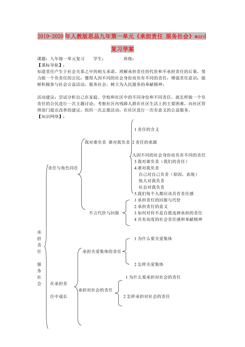 2019-2020年人教版思品九年第一单元《承担责任 服务社会》word复习学案.doc_第1页