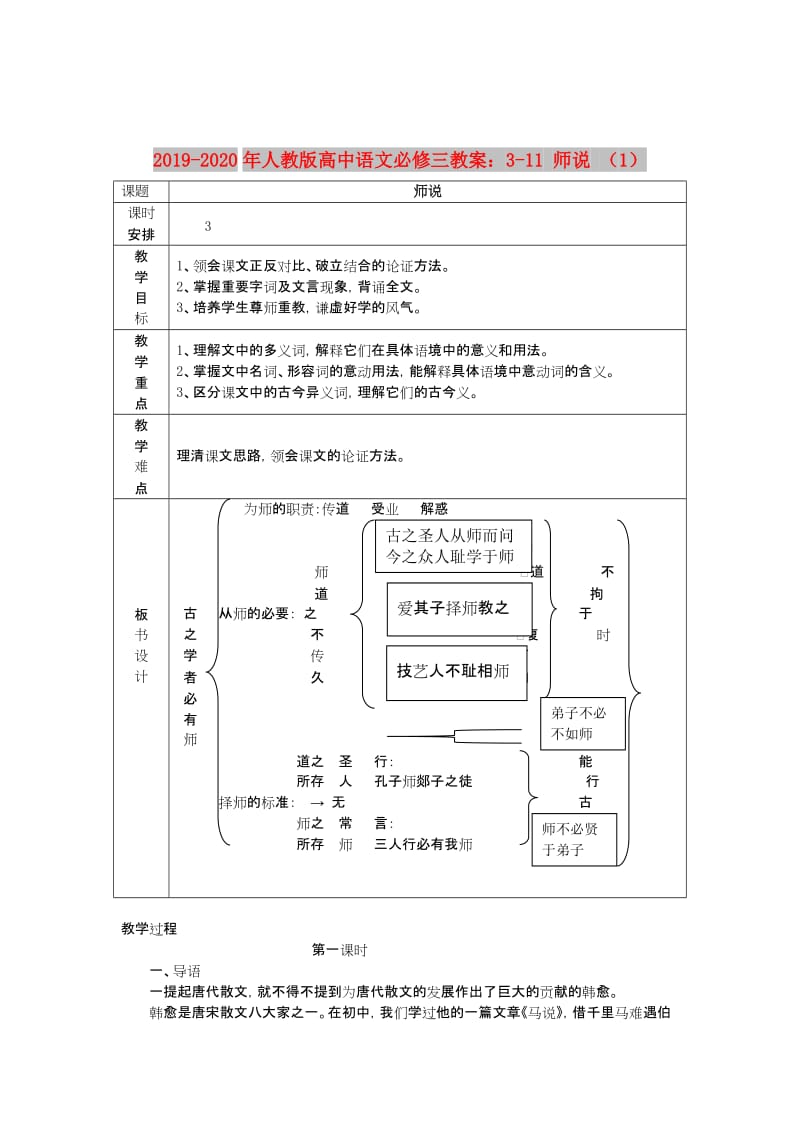 2019-2020年人教版高中语文必修三教案：3-11 师说 （1）.doc_第1页