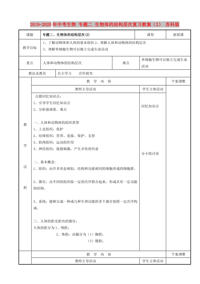 2019-2020年中考生物 专题二 生物体的结构层次复习教案（2） 苏科版.doc_第1页