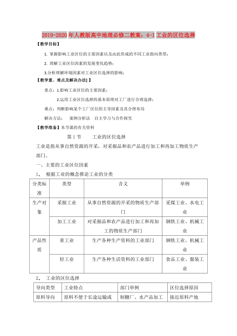 2019-2020年人教版高中地理必修二教案：4-1工业的区位选择.doc_第1页