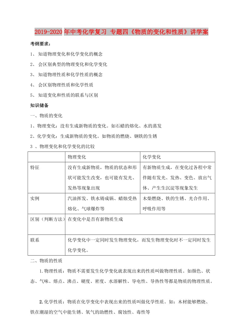 2019-2020年中考化学复习 专题四《物质的变化和性质》讲学案.doc_第1页