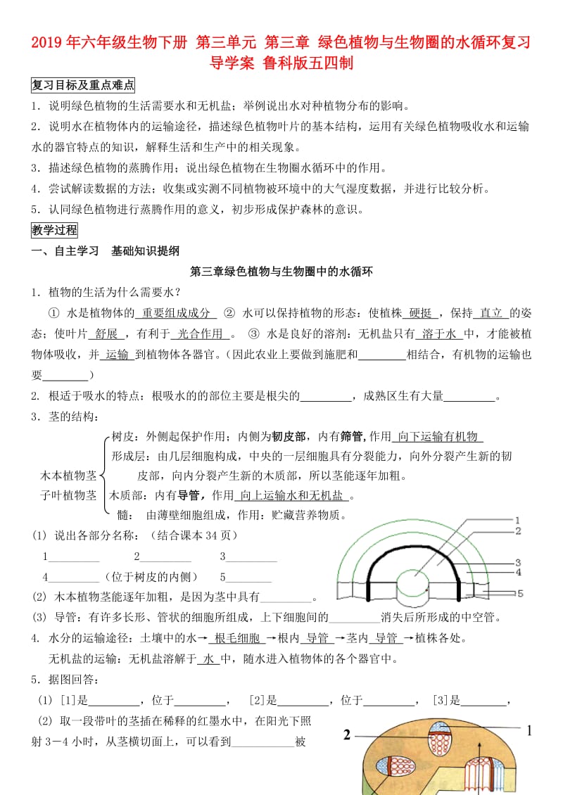 2019年六年级生物下册 第三单元 第三章 绿色植物与生物圈的水循环复习导学案 鲁科版五四制.doc_第1页