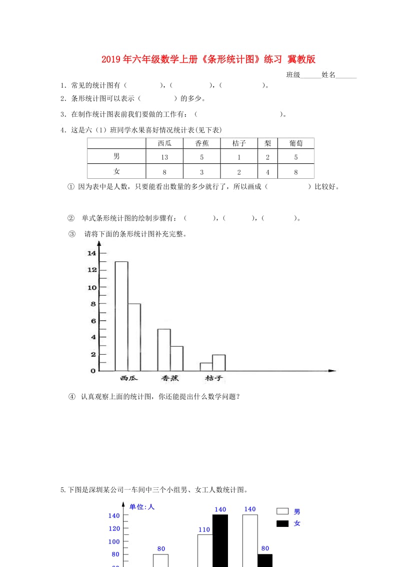 2019年六年级数学上册《条形统计图》练习 冀教版.doc_第1页