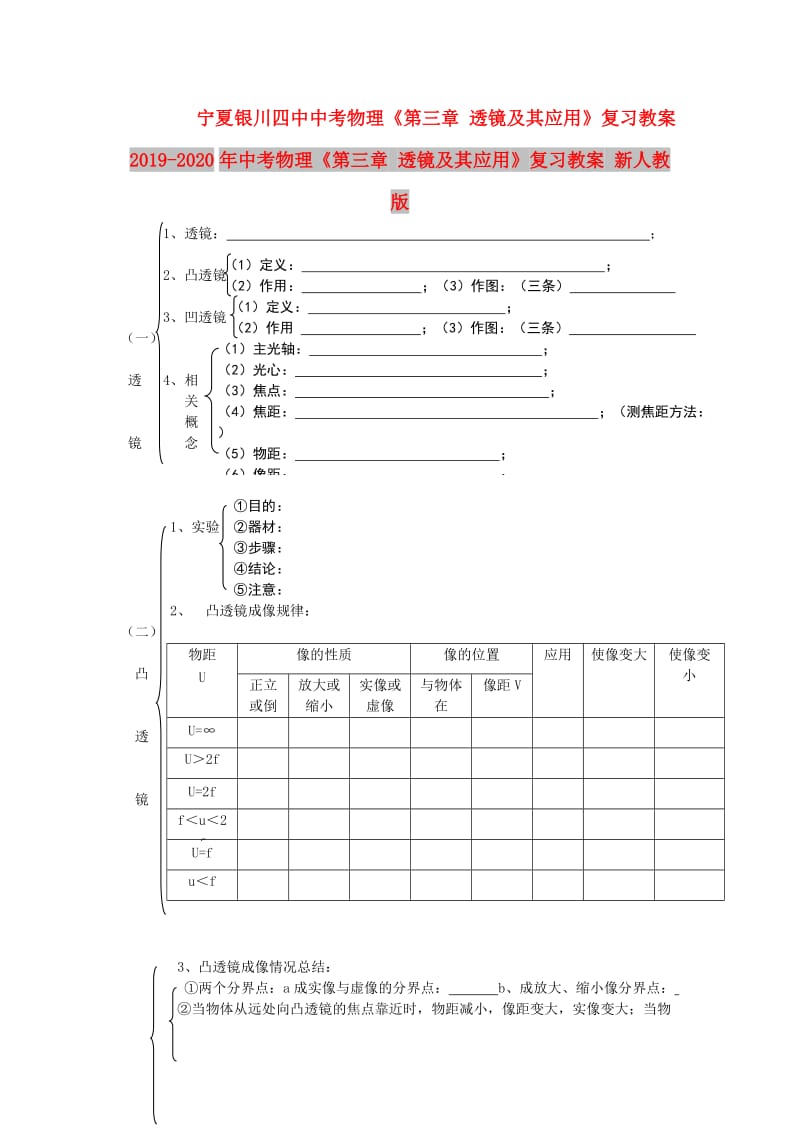 2019-2020年中考物理《第三章 透镜及其应用》复习教案 新人教版.doc_第1页