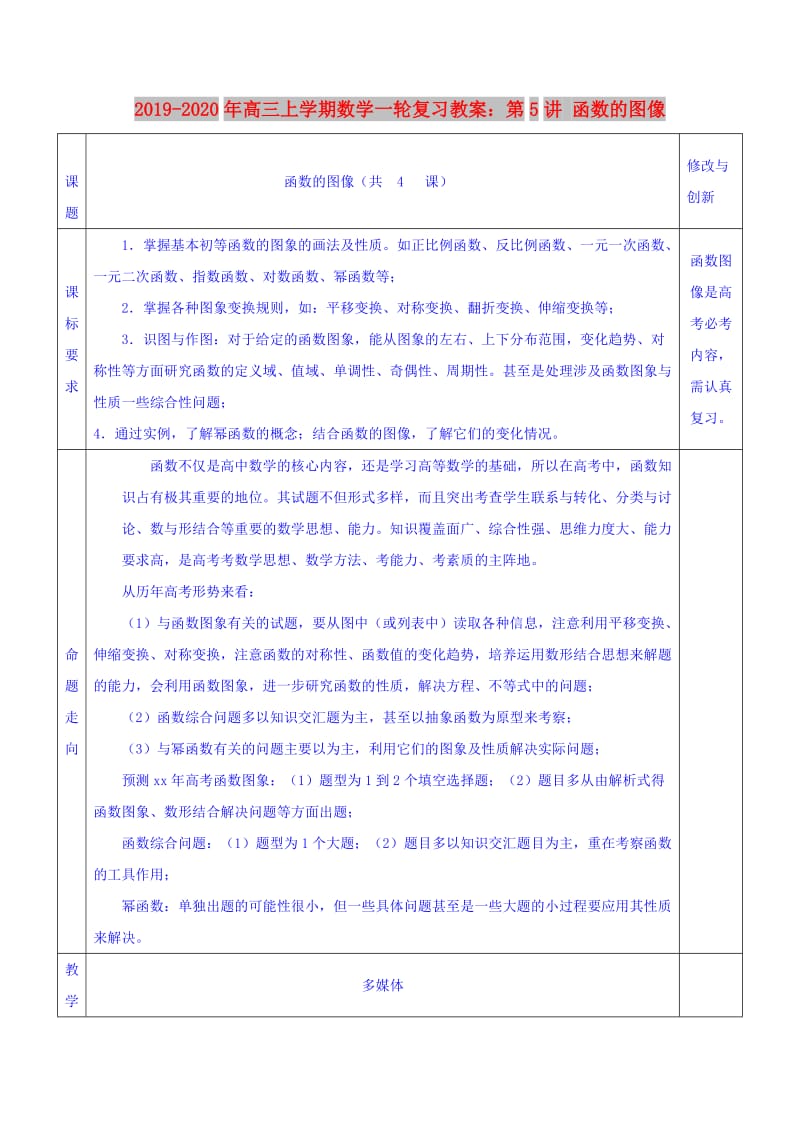 2019-2020年高三上学期数学一轮复习教案：第5讲 函数的图像.doc_第1页