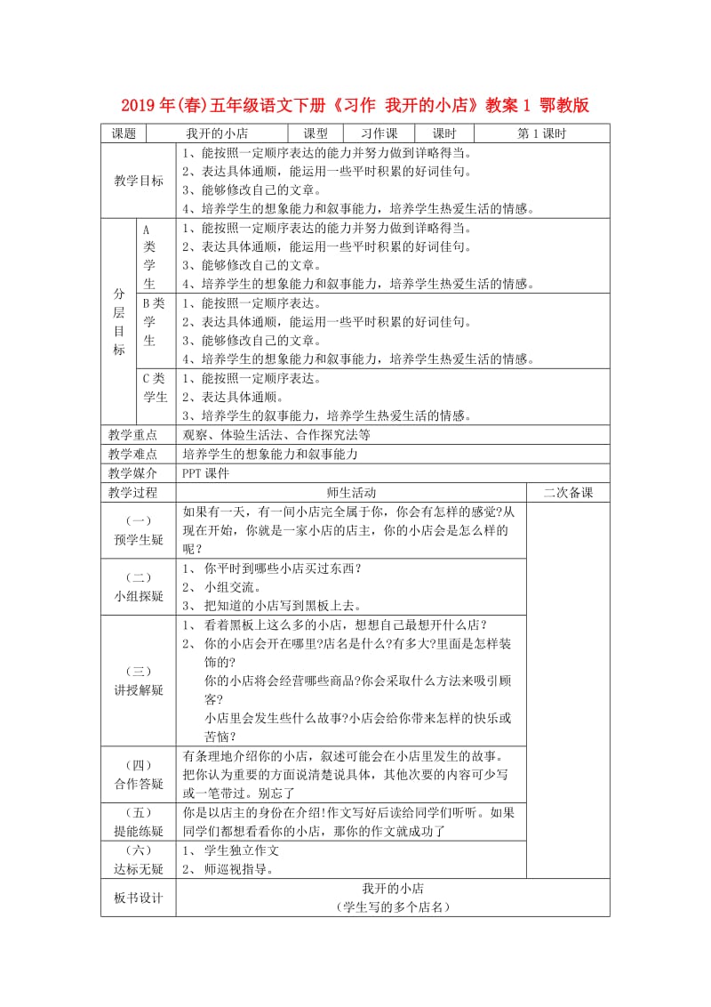 2019年(春)五年级语文下册《习作 我开的小店》教案1 鄂教版.doc_第1页