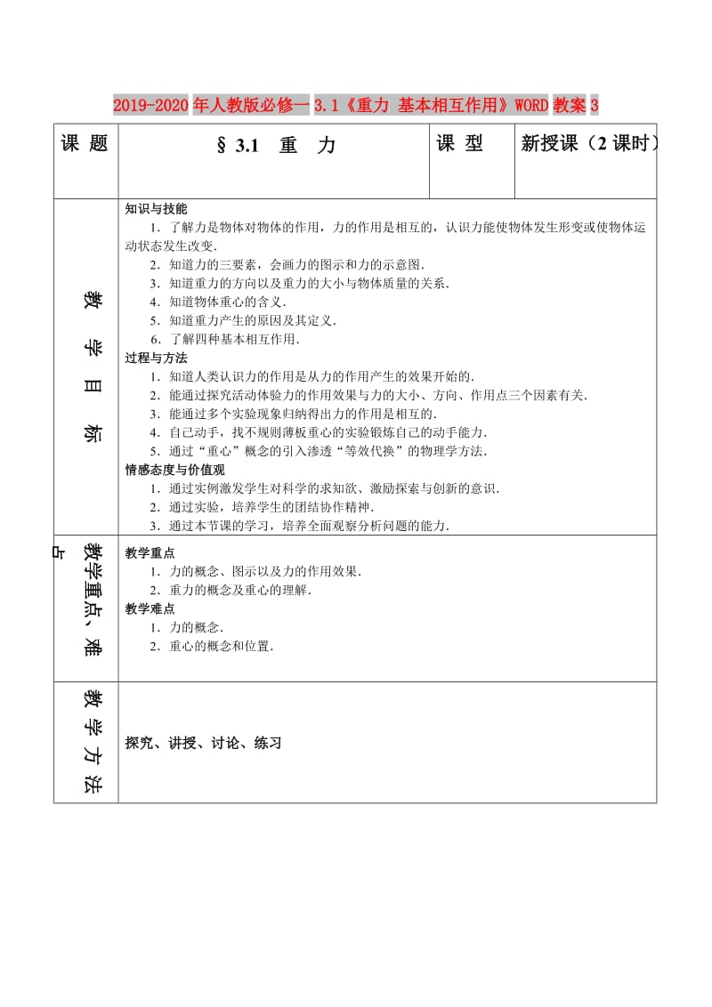 2019-2020年人教版必修一3.1《重力 基本相互作用》WORD教案3.doc_第1页