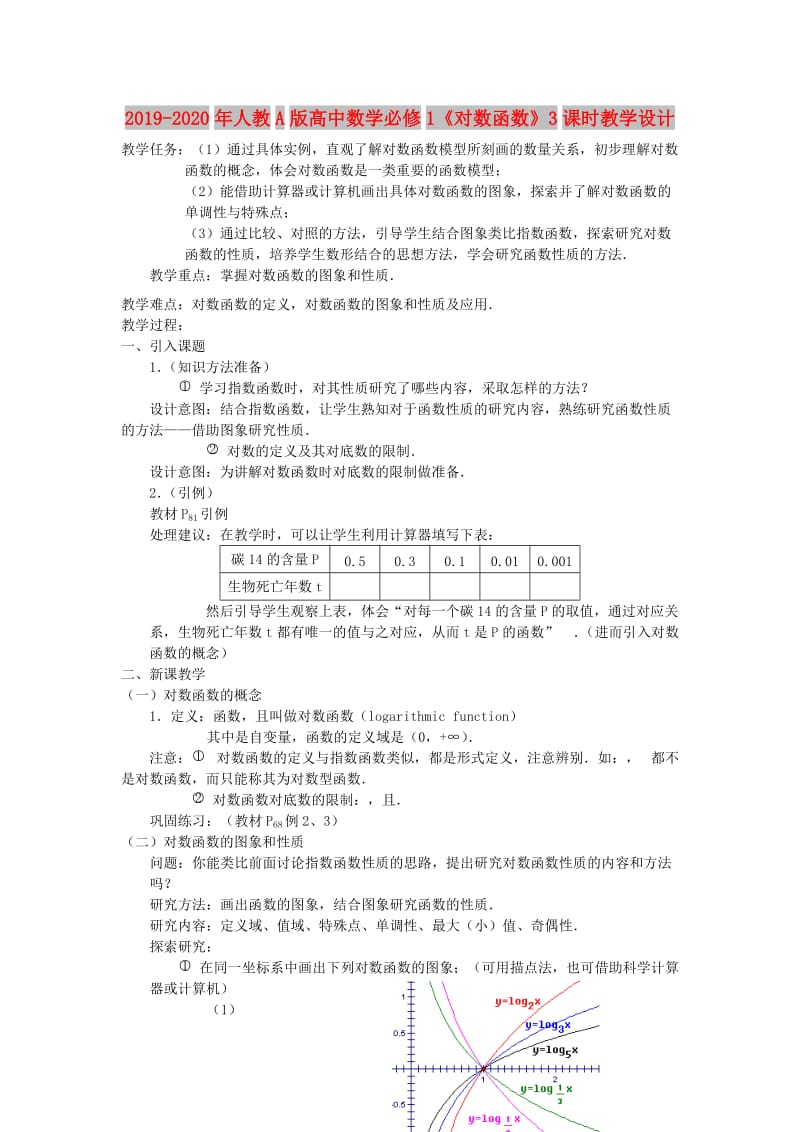 2019-2020年人教A版高中数学必修1《对数函数》3课时教学设计.doc_第1页